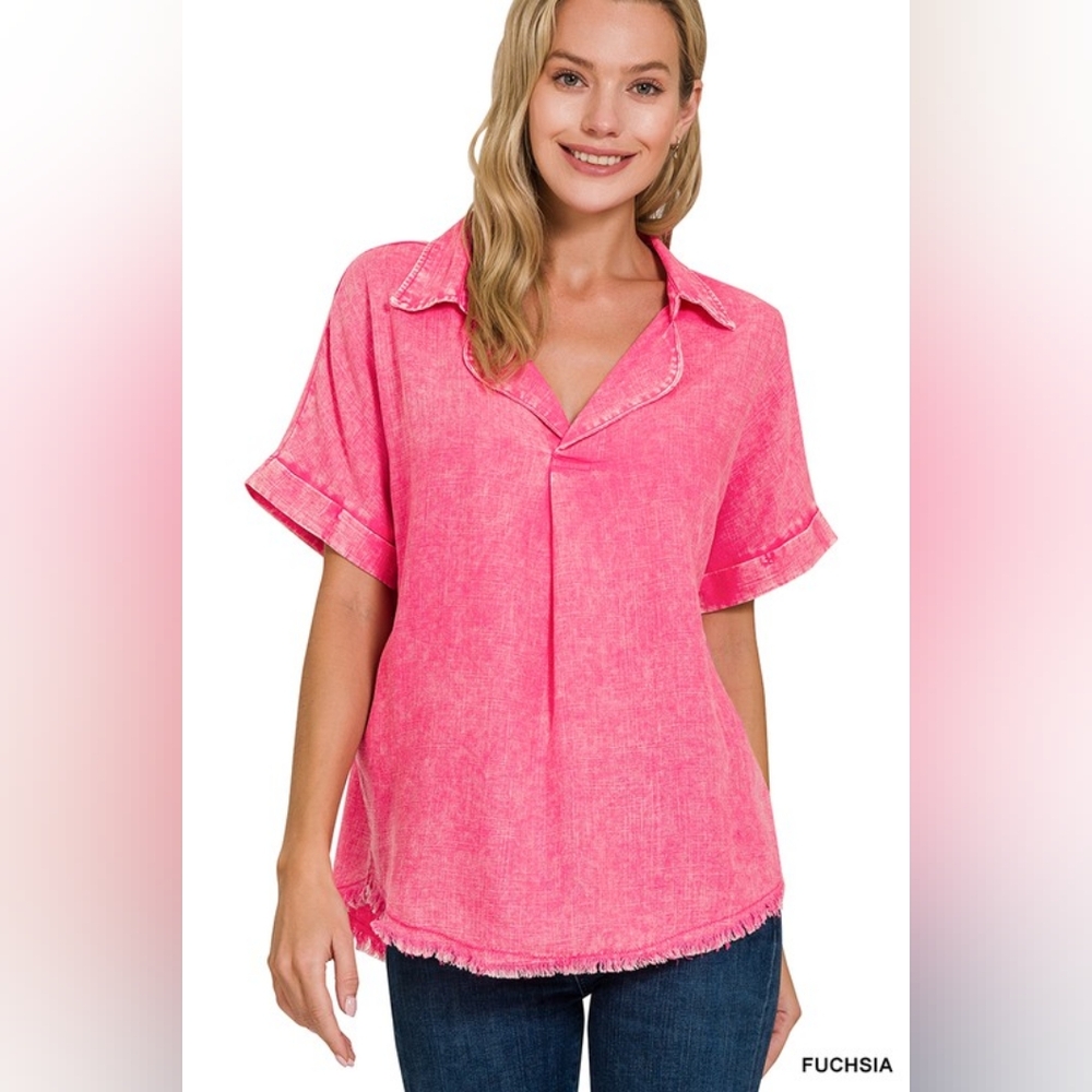 NWT - Washed Linen Blend Raw Edge V-Neck Fuchsia Shirt - Size M
